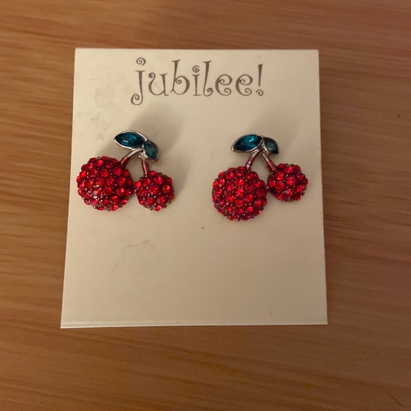New Rinstone crusted twin cherries stud earrings by Jubilee - Picture 1 of 3